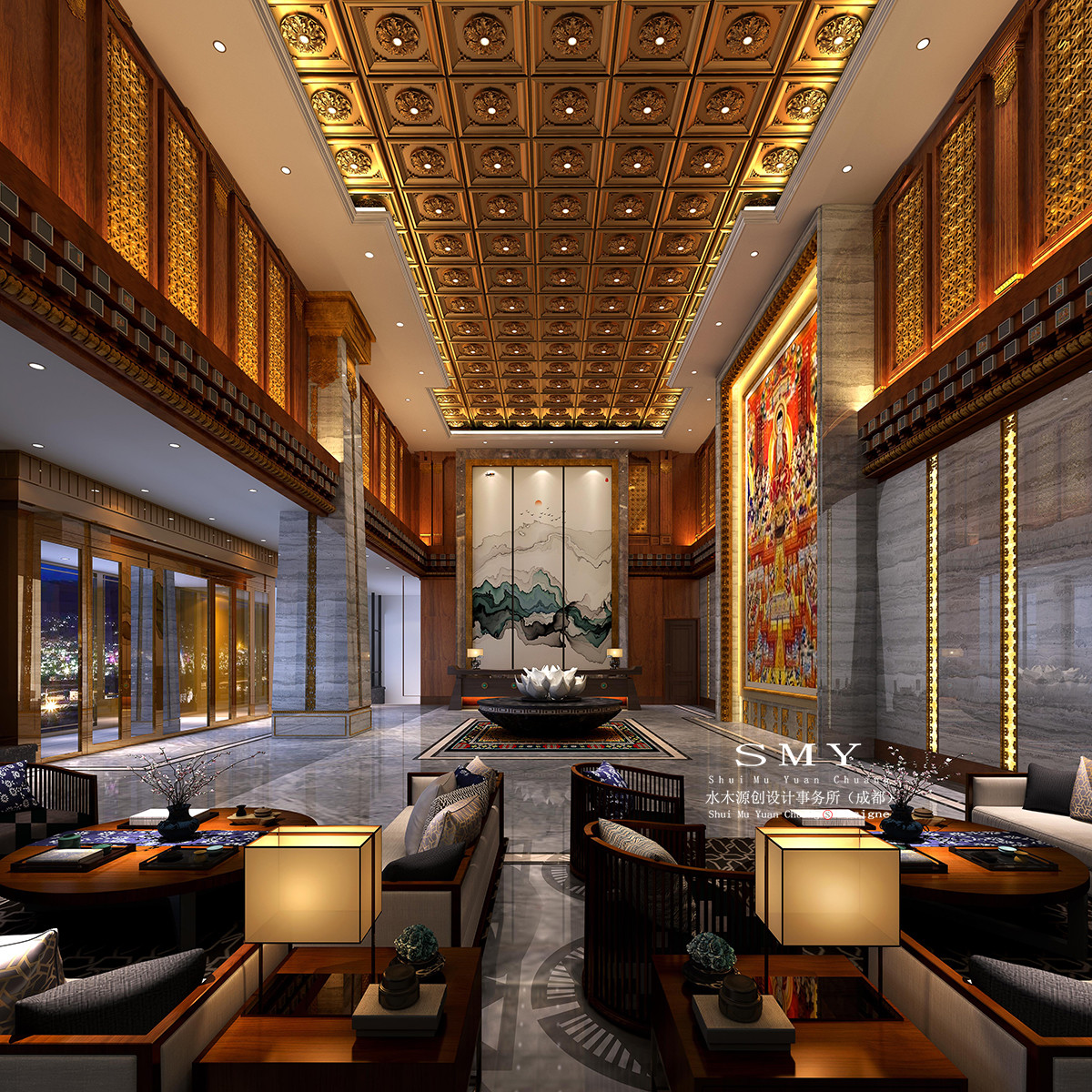 藏式酒店設計，酒店大堂大廳空間裝飾設計效果圖